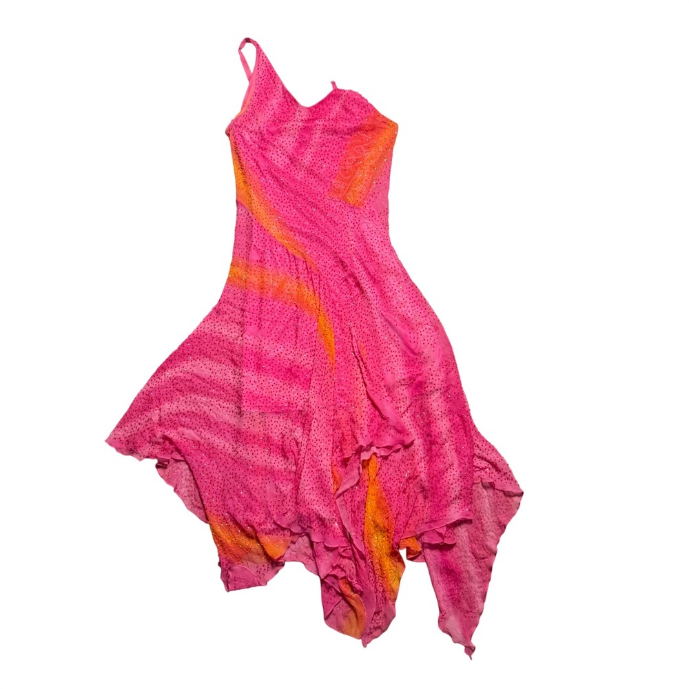 Kristin Jasja New York Pink Orange Beaded Silk Handkerchief Hem Dress